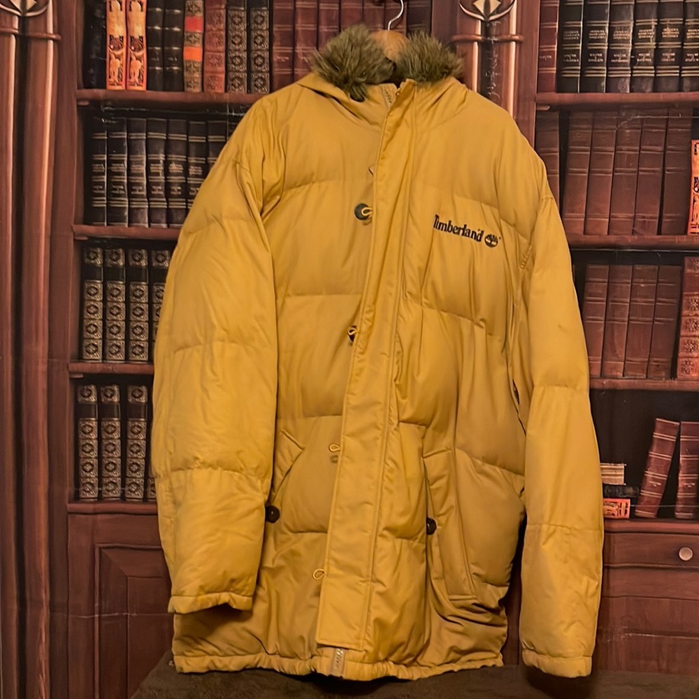 Timberland mustard puffer coat with faux fur around the hood